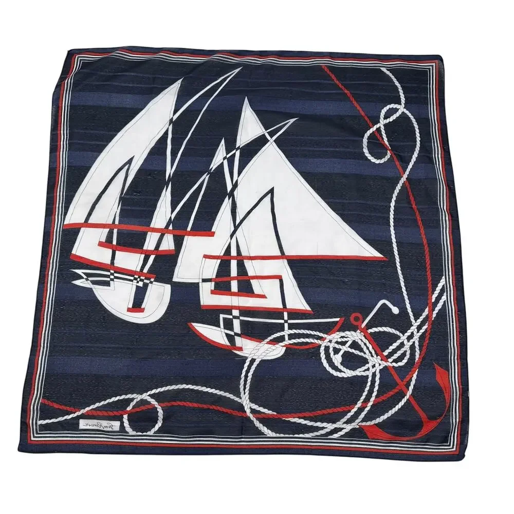Gim Renoir Nautical Sailboat Scarf Navy Red White Vintage 1970s 80s Square